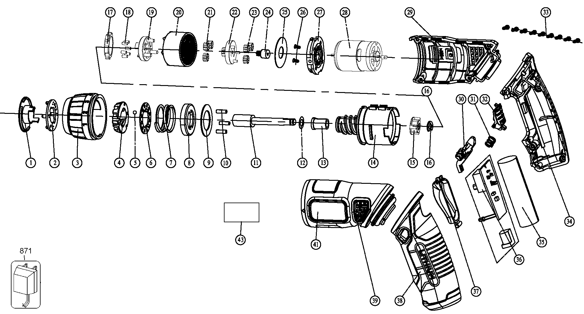 Default Diagram and Parts List for BDCS36F-B2C Type 1 Black and Decker Screwdriver